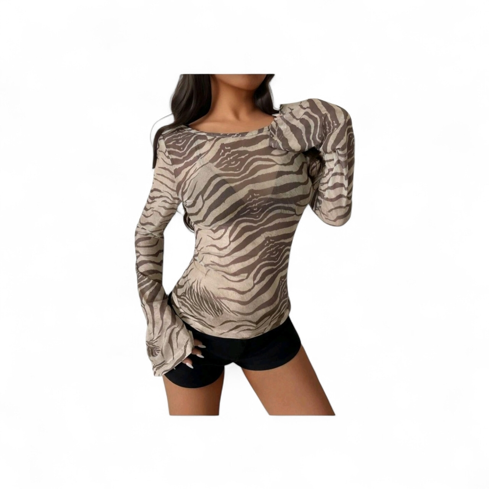 Source Unknown Tan and Brown Patterned Long Sleeve Top